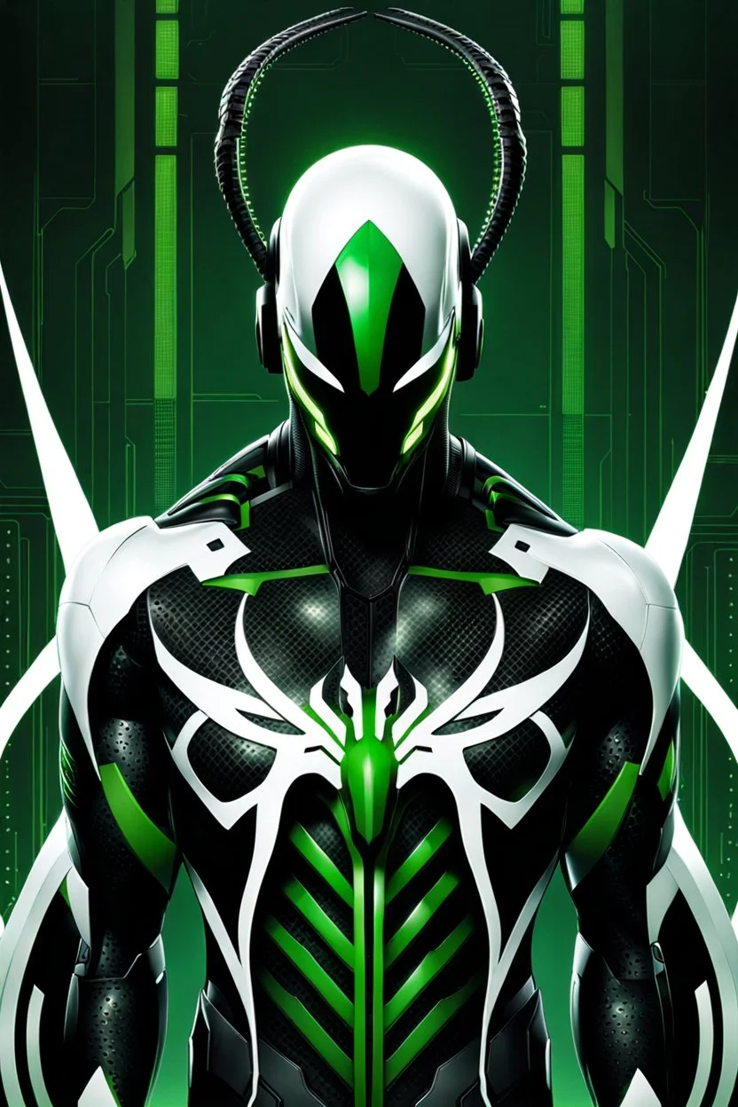 Cyborg symbiote, white color, green color, tendrils, high tech, cyberpunk, biopunk, membrane wings, carbon fiber, cyber tentacles, and the other two.