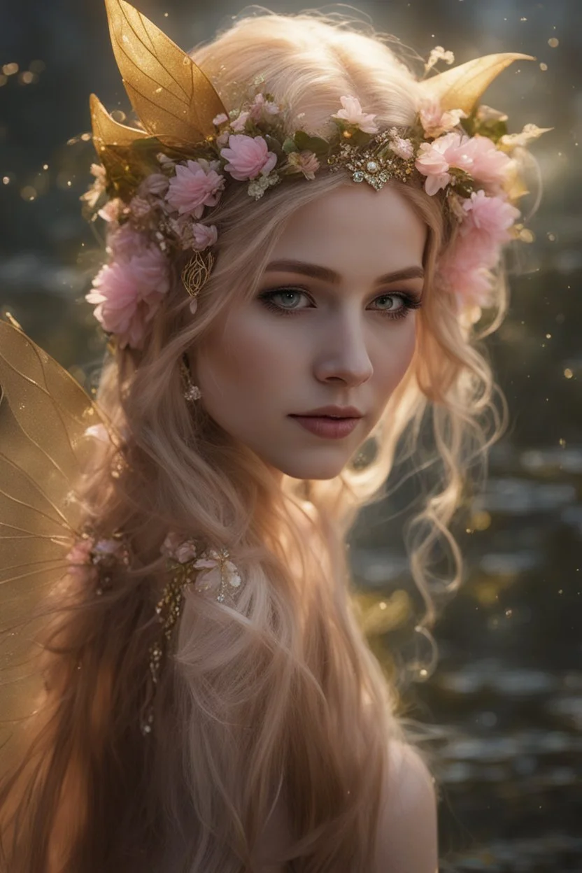 Pointed elven ears,Blonde hair ,Pink dress,Sparkling fairy wings,Very long golden hair,Fairy crown,pointed ears,elven ears,fairy wings,water lilies,sparkling,glittering,flowers,blossoms,golden crown,light pink dress