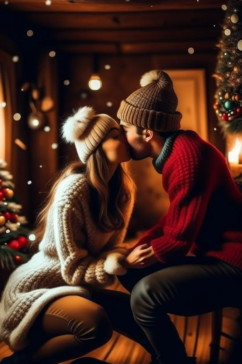 Cozy Christmas scene couple kissing