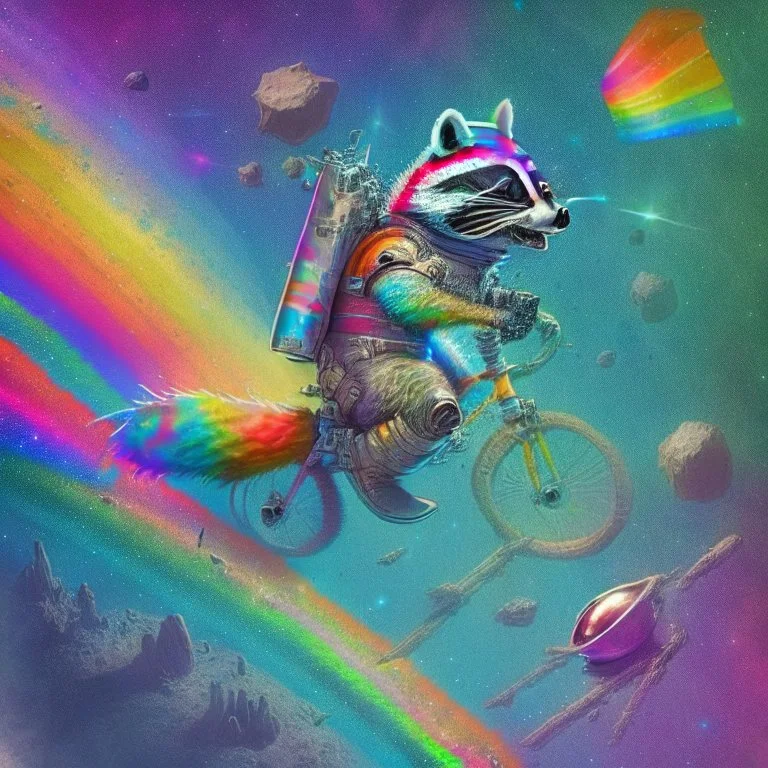 A raccoon astronaut riding a rainbow bike on a mission to gather space trash, jumping over asteroids as he goes.