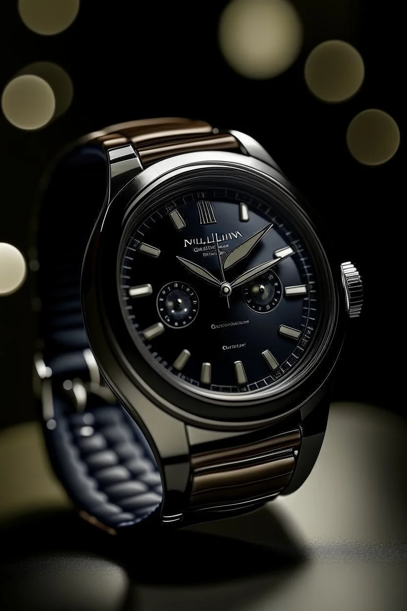 Create a realistic nighttime scene featuring the Patek Philippe 5711P watch. Use ambient lighting to highlight the watch's details in a subdued and elegant setting. Capture the luminescence of the dial and hands under moonlight or artificial light sources.