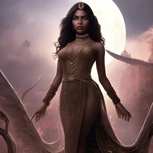 fantasy setting, insanely detailed, dark-skinned woman, indian, black wavy hair, warrior