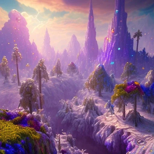 blue gold and violet landscape with multicolored crystals falling from the sky, full of details, smooth, bright sunshine，soft light atmosphere, light effect，vaporwave colorful, concept art, smooth, extremely sharp detail, finely tuned detail, ultra high definition, 8 k, unreal engine 5, ultra sharp focus