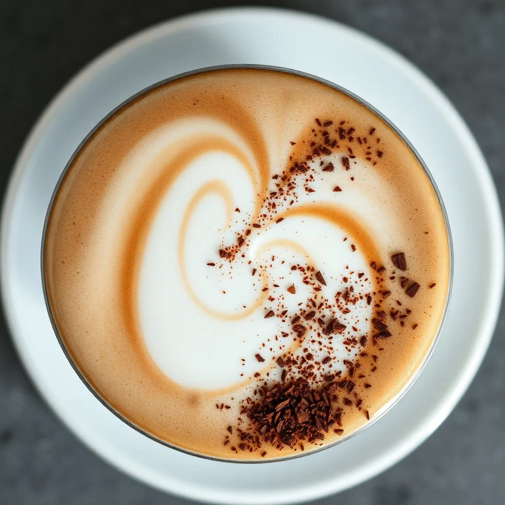 close up top-down view of a latte with a shape of the Milky Way galaxy formed in the milky foam, cinnamon and chocolate shaving sprinkles, surreal, professional photography, looks like an advertising campaign photo, cosmic