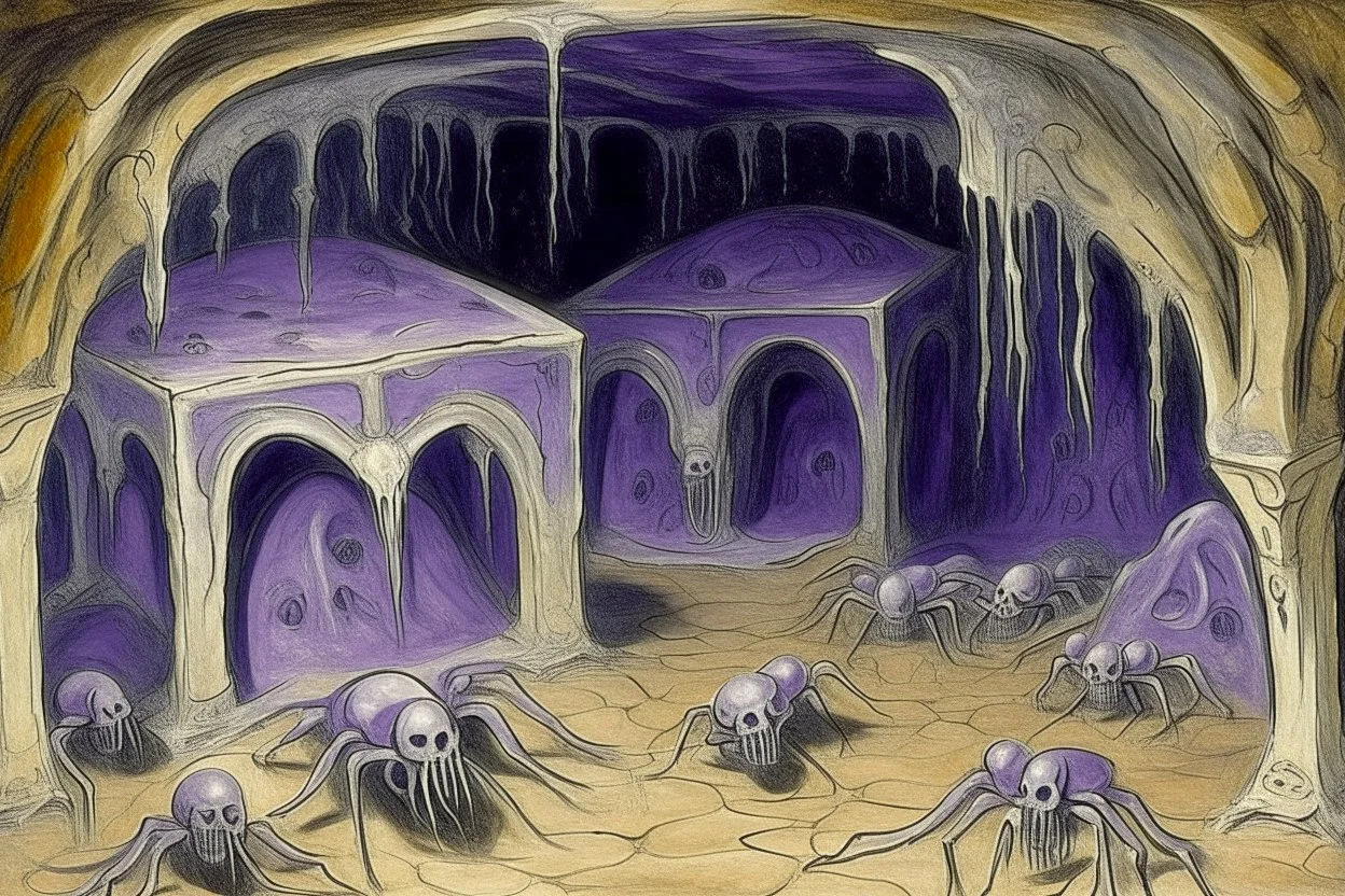 A purple catacombs with crawling spiders painted by Edvard Munch