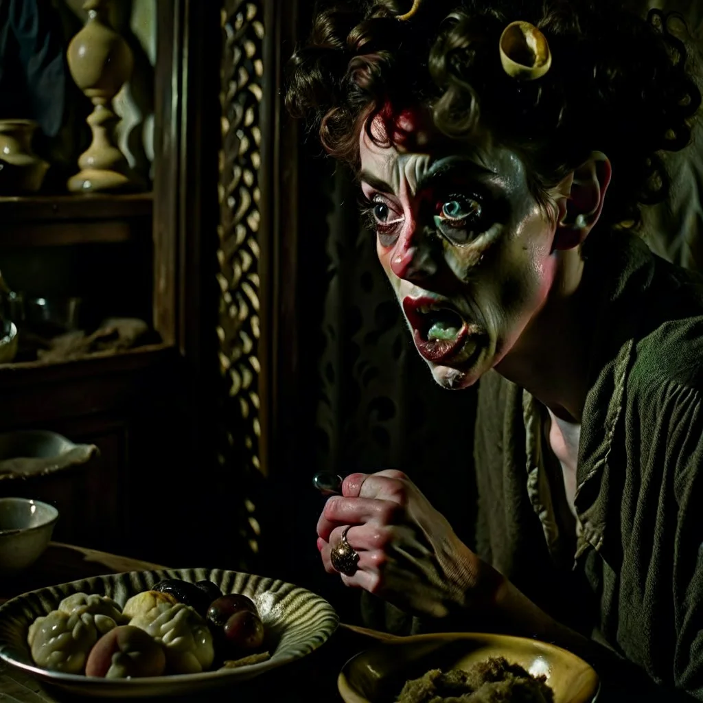 Strong texture, photorealism, Caravaggio, Egon Schiele. Intricate patterns, hypermaximalist. Photo made of inside house, an eerily mysterious, hidden and odd person is eating, a witchy house, sober style, pastel colors. Movie shot, spooky. Sinister scribbles, 33mm photography. Beasts