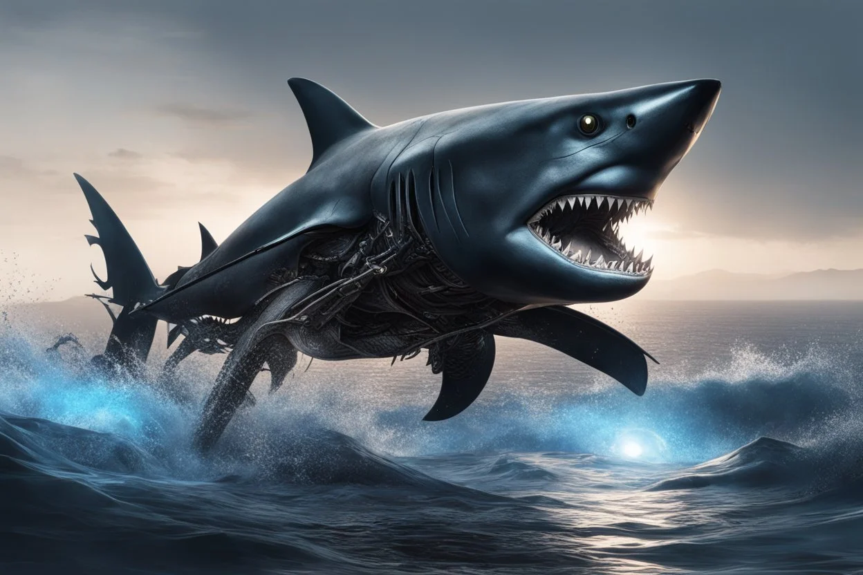 Black shark in 8k nier automata drawing, symbiote effects, blue lights, sea, intricate details, highly detailed, high details, detailed portrait, masterpiece,ultra detailed, ultra quality