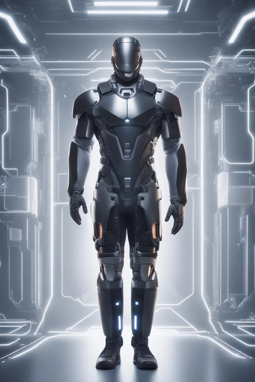A full body portrait of a powerful man. HIgh tech future