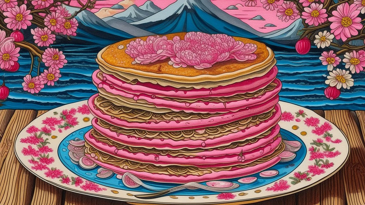 Pink magical pancakes designed in Navajo yarn painted by Utagawa Hiroshige