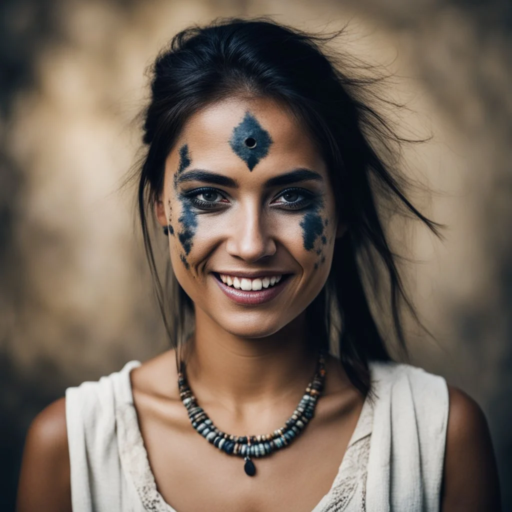 Shaman young woman with dark marks around her eyes and a mysterious smile