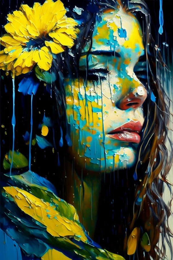 acrylic portrait of a woman, lush hair, emotions, rain, flowers, umbrella, autumn, paint blots, splashes, tears, plants, yellow, blue, green, orange colors