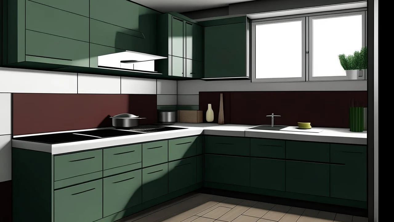 kitchen with celadon and dark red furniture, on the left side by the window from the bottom up, a microwave and an oven installed in the furniture, and on the right side and next to it an induction hob and a cooker hood above it, on the right side there is a sink and a dishwasher underneath it