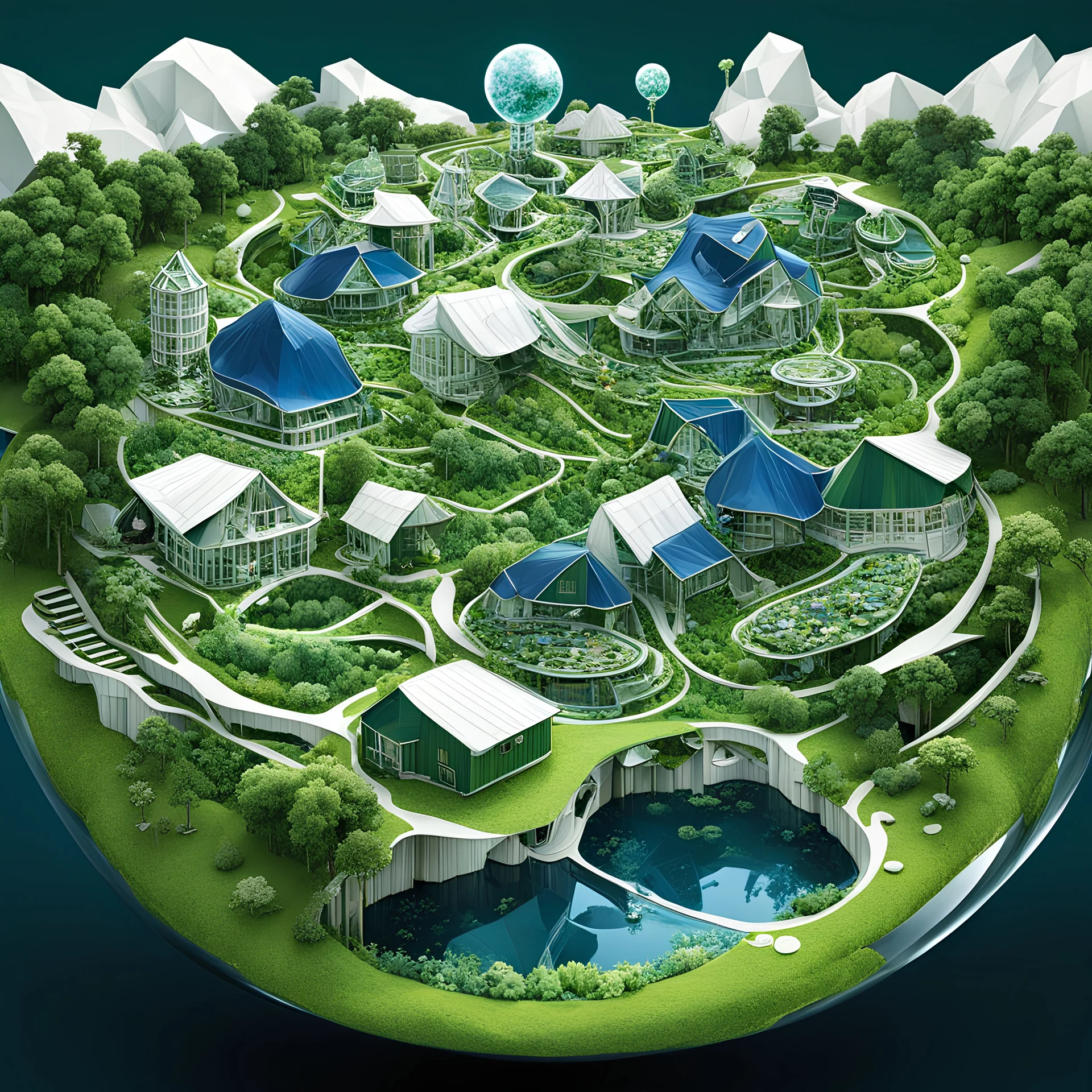 Inside a crystal globe exists a miniature green farm village perfect utopia, biomorphic white - Kelly_Green - midnight_blue Escher-esque flowing sleek barns and houses built in the verdant terrain, by Victor Enrich, by Daniel Merriam, by Thomas Kincade, surreal hyperrealistic world, fine point ink illustration, technically perfect, sharp focus, bright primary colors, sharp contrast, maximalist, heavy intricate detail, Utopian.