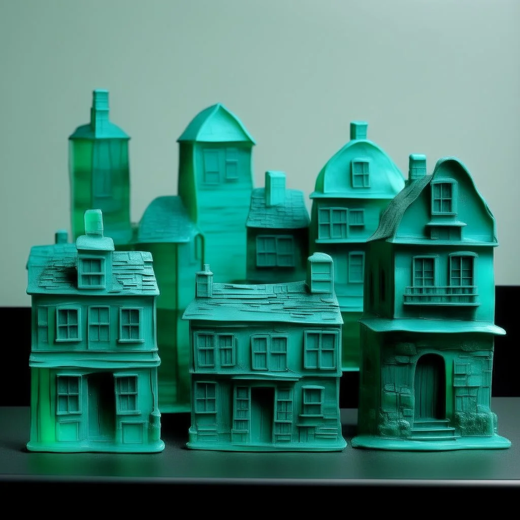 A bluish green village made out of jelly painted by Auguste Rodin