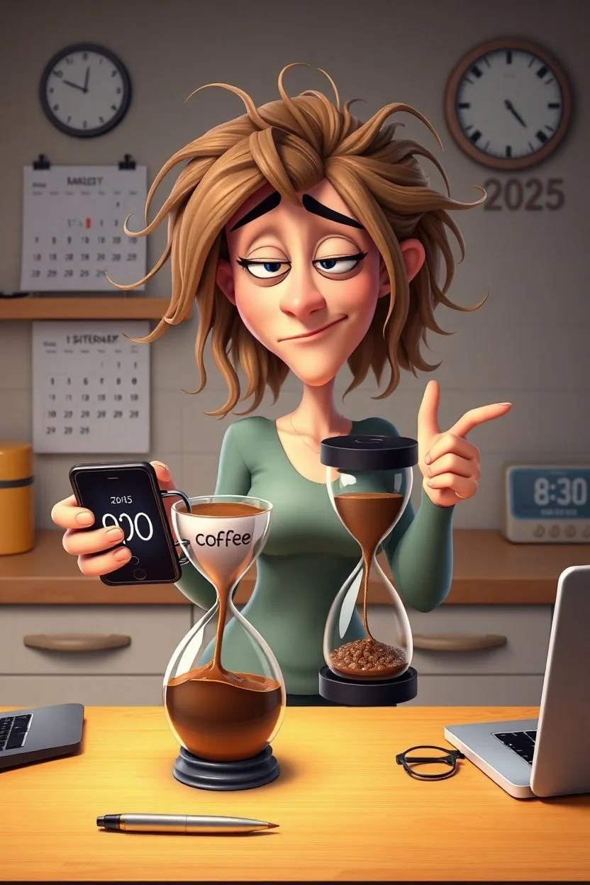 3d disney cartoon style, a tangled-haired, sleepy, cranky, nervous woman is standing with an hourglass mug in her hand, the mug says "coffee", she shows the camera the display of her mobile phone, which shows 9:00, behind her is coffee flowing from the coffee maker onto the kitchen counter, a coffee mug a half sock, pen, glasses, laptop on the counter, 2025 calendar on the wall, the wall clock shows 8 o'clock, the micro digital clock shows 8:30, little morning light, funny and surreal
