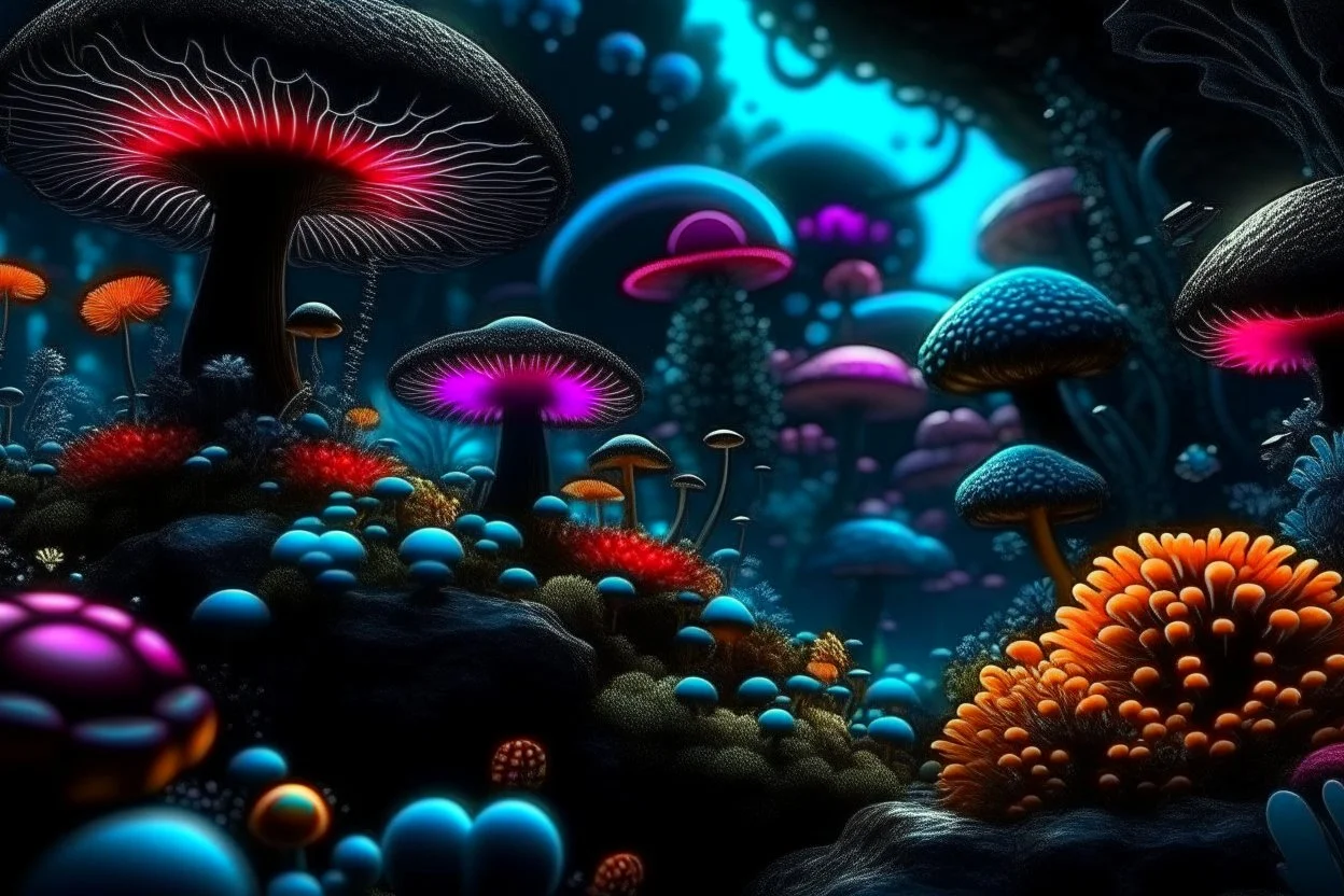 Exotic Flora, fauna, mushrooms, fungi and coral at the End of the Multiverse black liquid Land