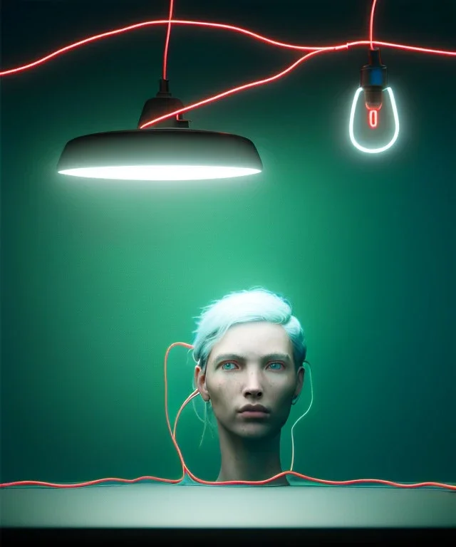 Ultra realistic photographic night portrait, cinematic, <blonde woman> <hanging wires> many wires coming out of the head <perfect pupil> <cyborg arm> <garage> <wide angle Shot> <sci-fi futuristic> <thriller>, neon lights, color fog, soft color, highly detailed, unreal engine 5, ray tracing, RTX, lumen lighting, ultra detail, volumetric lighting, high definition.