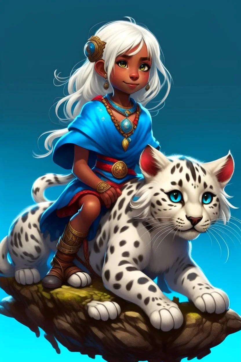 a cute eight-year-old female sorceress, dark skin, with straight snow white hair tied in a braid, blue eyes, riding on the back of a giant furry leopard cat