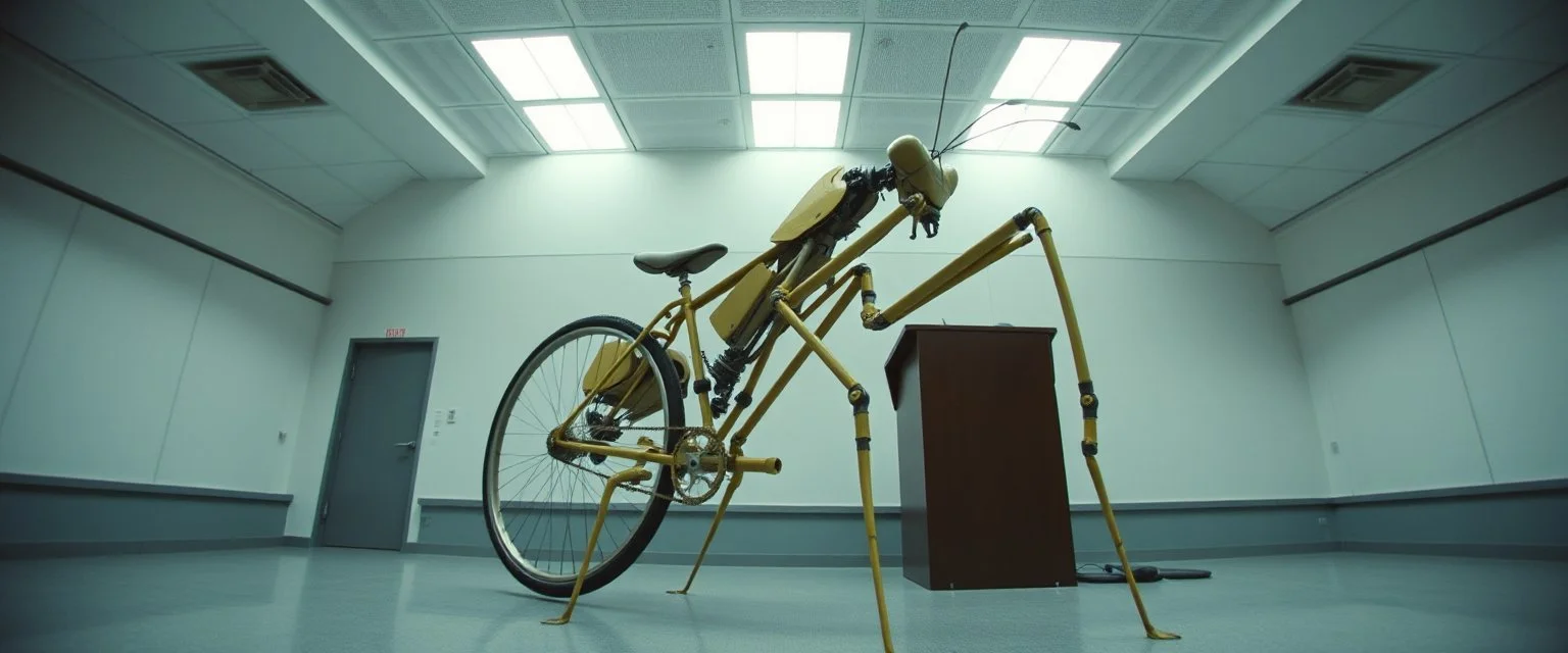 pinhole cam, weird geometry sacred, airbrush 3d rendering, integrated_multimodal_description: [Shot 1] A five-second cinematic single take in a clean industrial presentation hall. A bizarre mechanically plausible bicycle machine stands beside a presentation podium, designed to look like a giant mechanical praying mantis. Two large bicycle wheels form its main body and four thin articulated mechanical legs support it. Two long folded mechanical front arms resemble mantis forelegs.