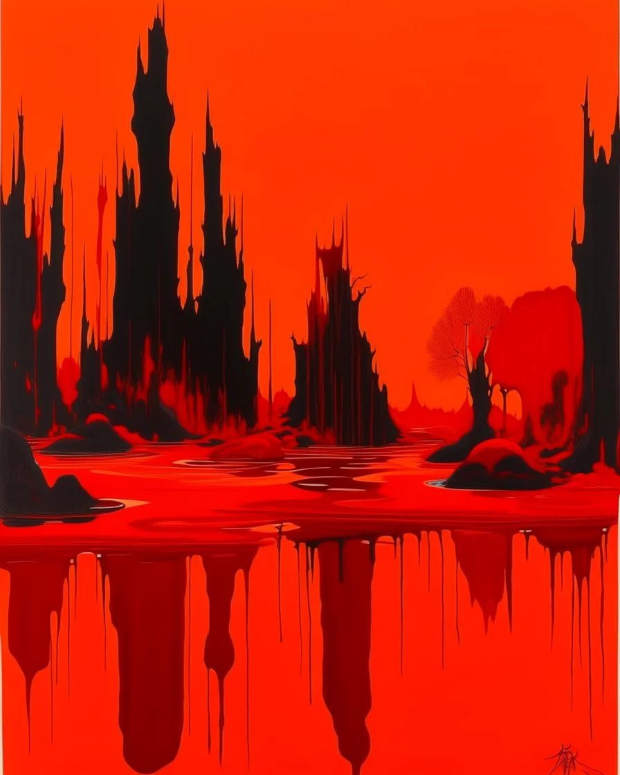 A red Japanese Zen garden painted by Clyfford Still