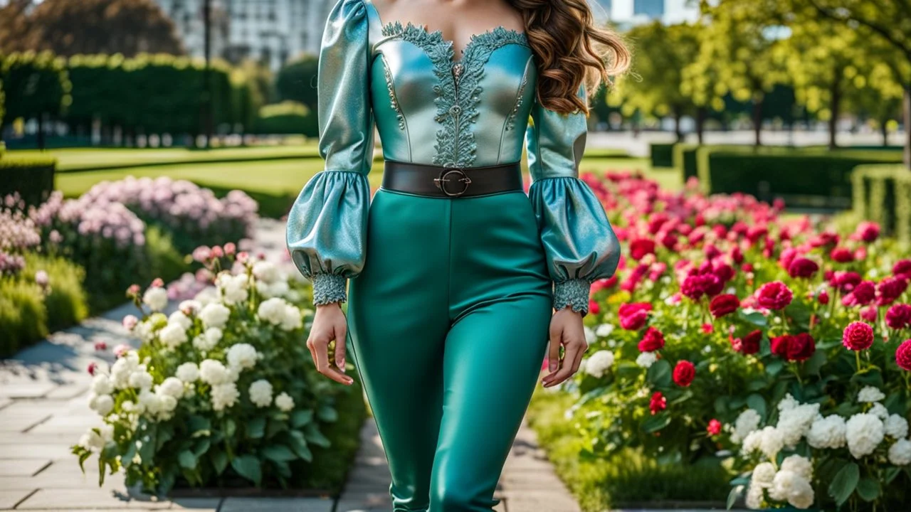 fullbody shot of girl makeup wearing a dark green-silver victorian top and pants and pretty boots walking in moder city of 2040 park ,flowers ,pretty clouds in blue sky,city escape.