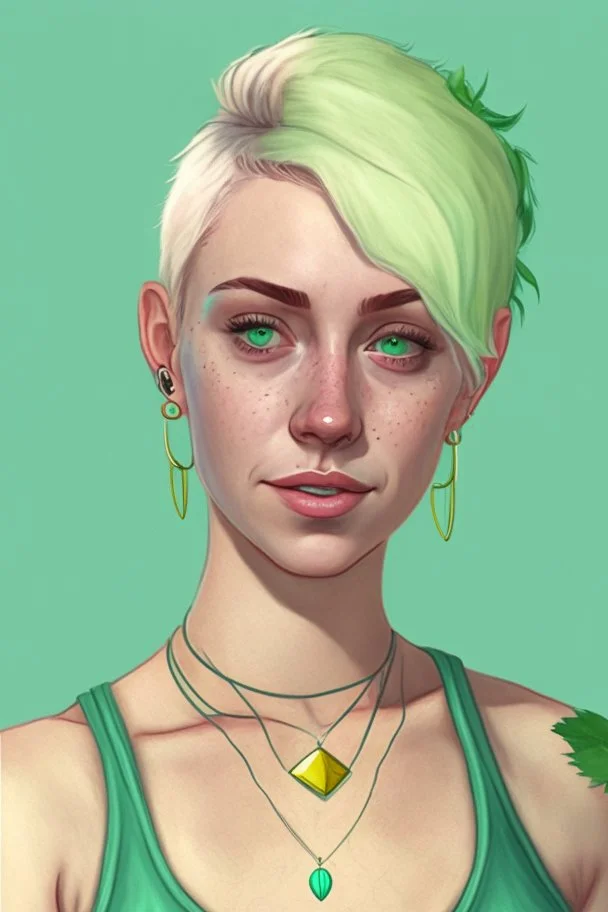 Realistic young woman, short white blonde hair in a half ponytail, pale skin, light blue-grey eyes, freckles, big green earrings, green and gold necklace, green tank-top with blue overalls on top, plant tattoo on arm