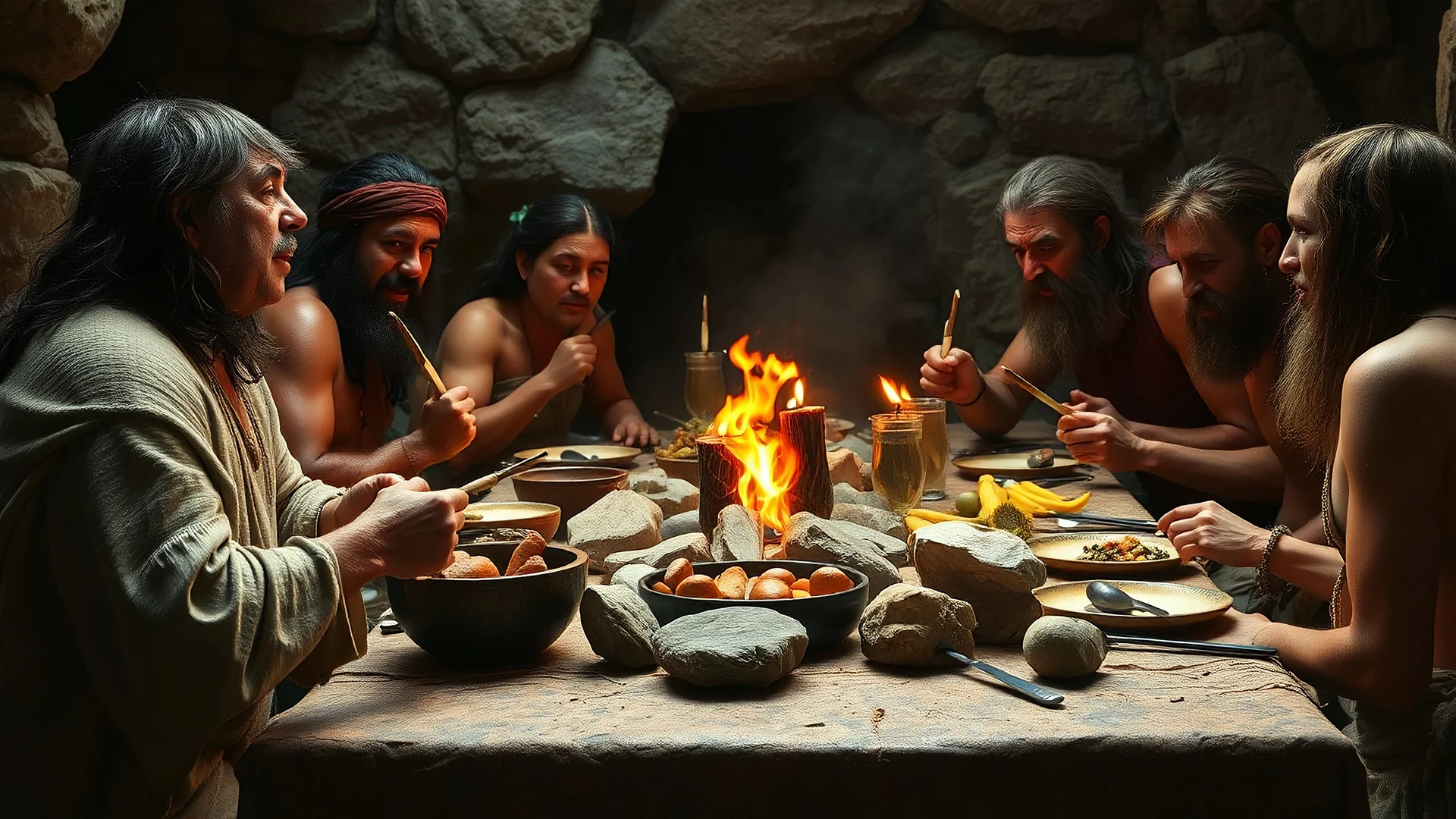 A stone-age feast, Paleolithic banquet, stone utensils, Neanderthal people, award-winning photograph, exquisite detail and realism