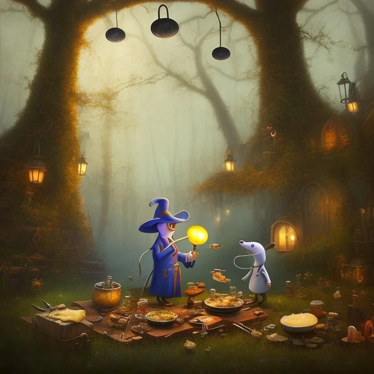 A Plague Doctor (AND) a Mouse having a port & cheese party in a forest by a river while mushrooms grow beside them, art by Pixar and Dreamworks