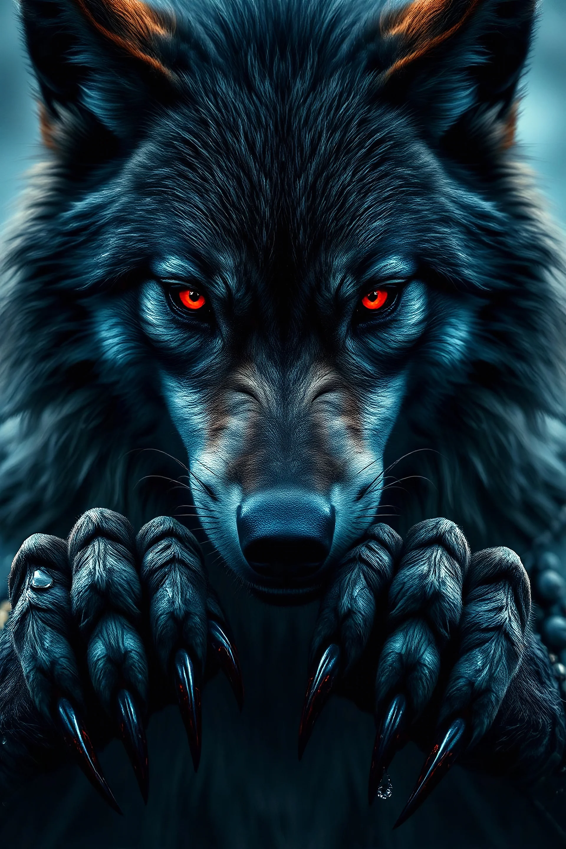 werewolf, red eyes, wolf warrior, drops of blood, paws with claws, Ultra detail, HDR, High quality image , Realistic image, 8k, high quality, hyperrealism