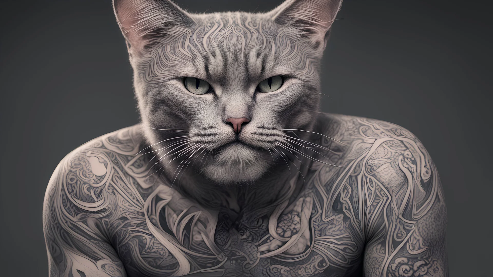 cat man, wool, fine rendering, high detail, 8K, man, tattoos, wool, double exposure,