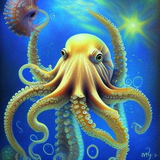 beautiful mystical underwater octopus, seashell, fish, high quality, acrylic paints, pastel colors, by Renoir, intricate,