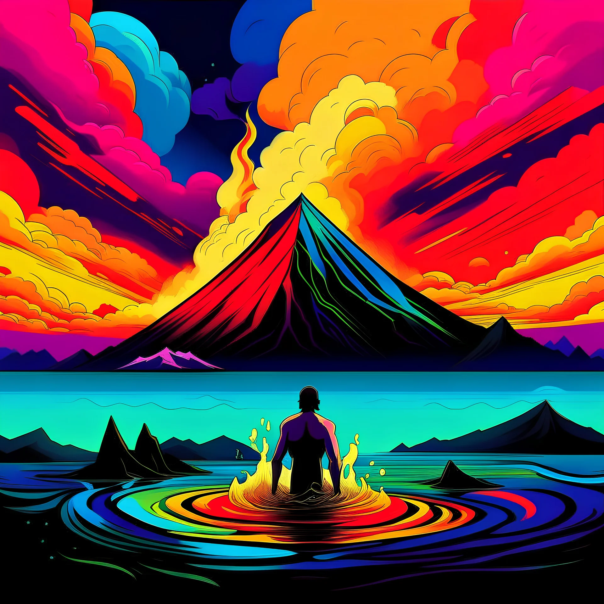 2d ilustration colorful of a man swiming in a lake with a volcano in eruption in the background as album artwork Antonio Sant'Elia style