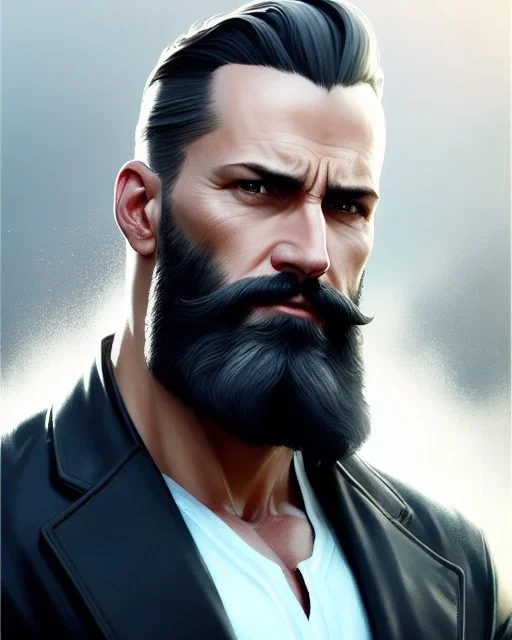 "MIddle aged white human male, with a trimmed but uneven beard, piercing eyes with slick back hair, full-scale head and shoulders portrait, 8k resolution concept art portrait by Greg Rutkowski, Artgerm, WLOP, Alphonse Mucha dynamic lighting hyperdetailed intricately detailed Splash art trending on Artstation triadic colors Unreal Engine 5 volumetric lighting Splash art fantasy"