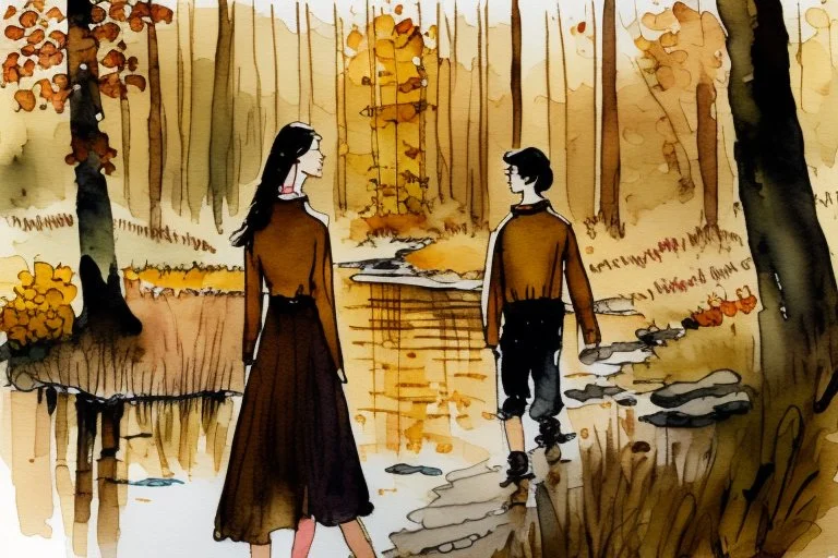 young brunette woman and boy friends walking next to a pond in an autumn forest watercolor and ink in ochre, golden glitters