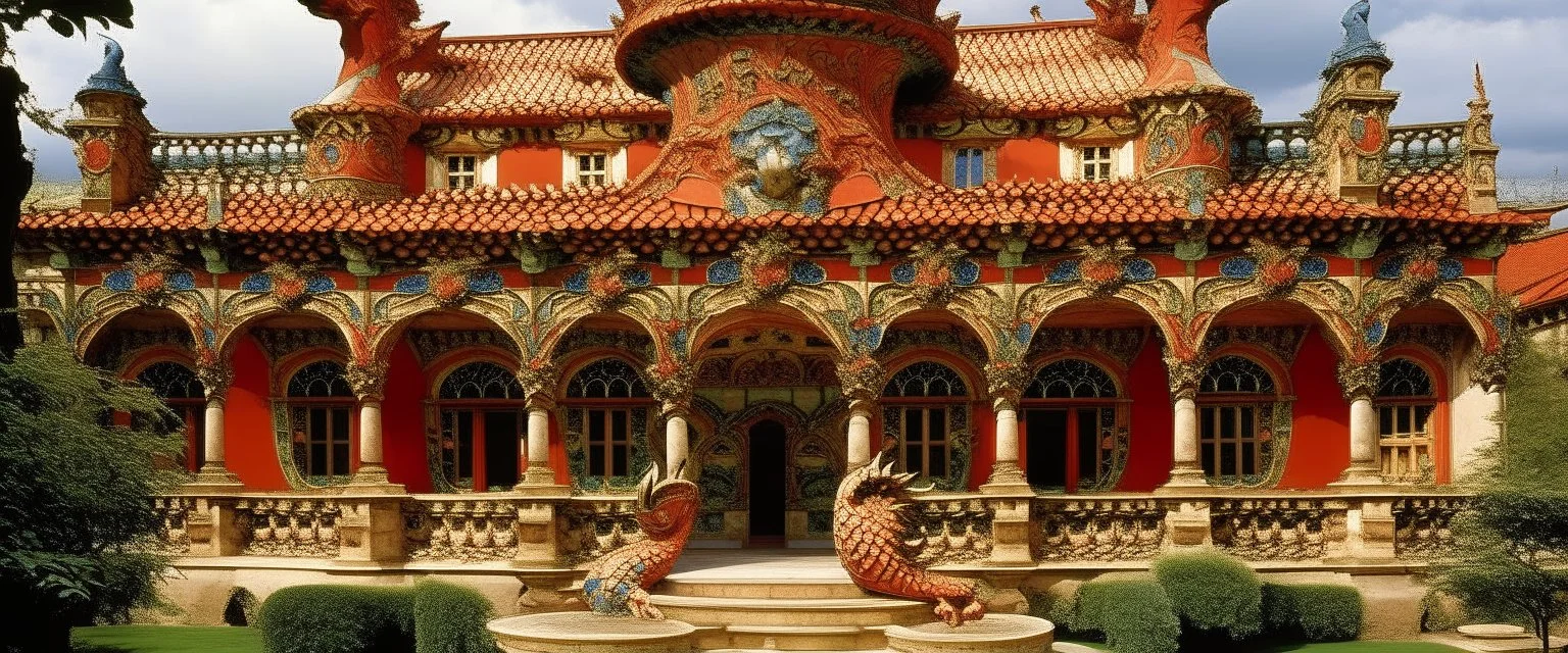 A brownish tan fiery palace with a dragon guarding it designed in African pottery painted by Claude Monet