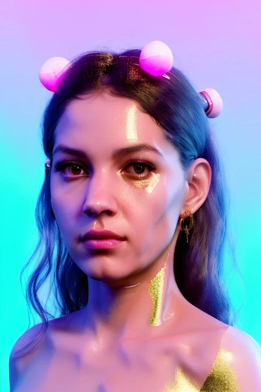 Ultra Realistic image, Rosalía artist, 40 years old, portrait, normal complexion, natural small busty, traditional little tattoo, two bows, little chopsticks hair ,black eye long liner, latex t-shirt and inflatable coat, gold pink and blue style, spray line glow make up, geometric led jewelry, fog, hot, inflatable style latex coat, vibrant color, highly detailed, art stations, concept art, smooth, unreal engine 5, god rays, ray tracing, RTX, lumen lighting, ultra detail, volumetric lighting.