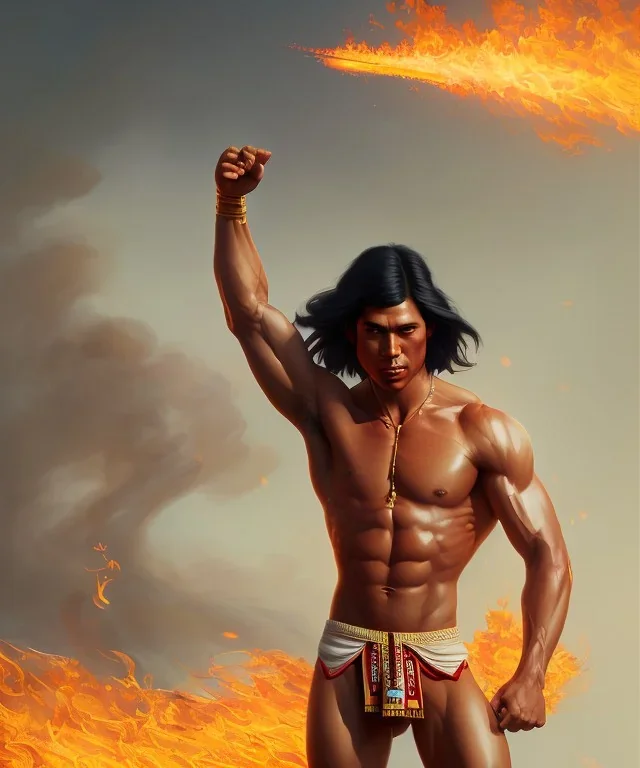 native american warrior, long black hair, dancing on top of fire, big muscles, loincloth, shirtless, 8k resolution concept art portrait by Greg Rutkowski