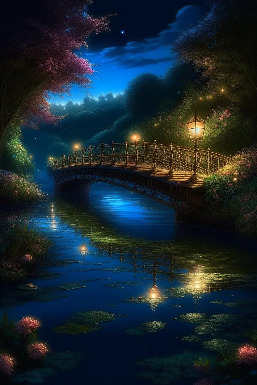 A night bridge in the park, a cozy lonely flashlight is burning, a crystal clear river under the bridge, beautiful flowers around, rose petals on the water, glow professional photo, careful drawing of small details,detailed digital painting, high image detail 120k, fine detailed drawing, perfect angle, professional photo, HDR, UltraHD, many details, pixel study, hyperreal, 9D, hyper detail, photorealism, ultra high graphics, realistic, hyper clarity