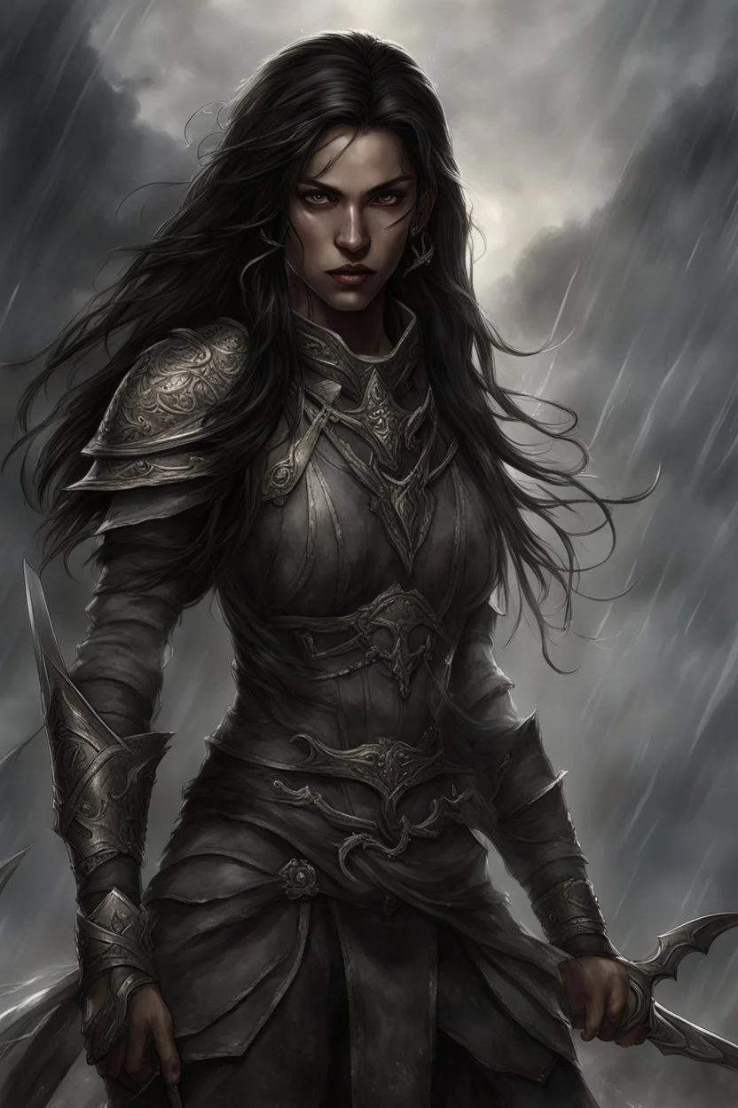 SA female elf with skin the color of storm clouds, deep grey, stands ready for battle. Her long black hair flows behind her like a shadow, while her eyes gleam with a fierce silver light. Despite the grim set of her mouth, there's a undeniable beauty in her fierce countenance. She's been in a fight, evidenced by the ragged state of her leather armor and the red cape that's seen better days, edges frayed and torn. In her hands, she grips two daggers, add dark shadow mystic purple flames