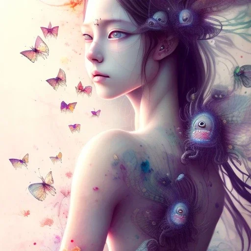 samurai, Girl, full body, squid, intricate detail, leaning pose, watercolor illustration by <agnes cecile> butterflies everywhere, insects, nest, fly, multiple eyes everywhere, plants, wildflower,