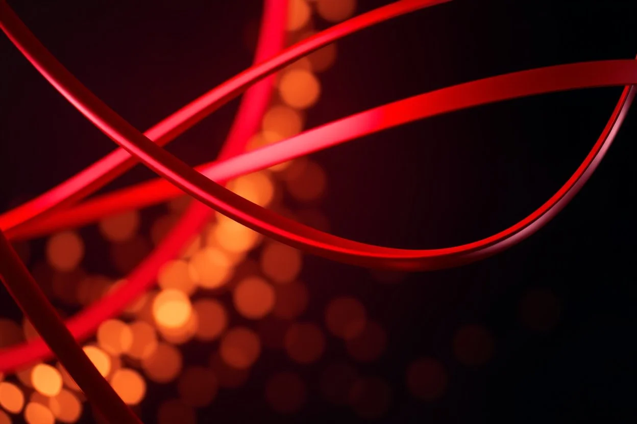 Macro-scale abstract photography of smooth, glossy red metallic ribbons curving diagonally. Vibrant highlights and deep shadows create a strong sense of form and depth. The dark background is filled with soft, warm golden bokeh lights. Professional studio lighting, 8k resolution, sleek and modern aesthetic.