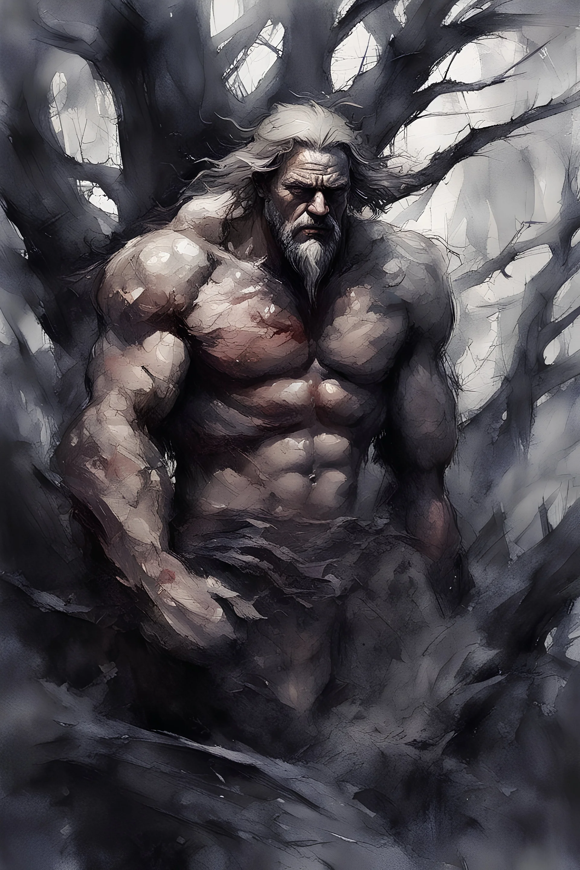 dumb and crazy stone giant above the trees, vivid emotions, watercolor, photorealism, dark fantasy, bad weather, gloomy day, dark world, sketch art, fine lines, grunge, sensual, darkness, by Raymond Swanland & Alyssa Monks & Anna Razumovskaya