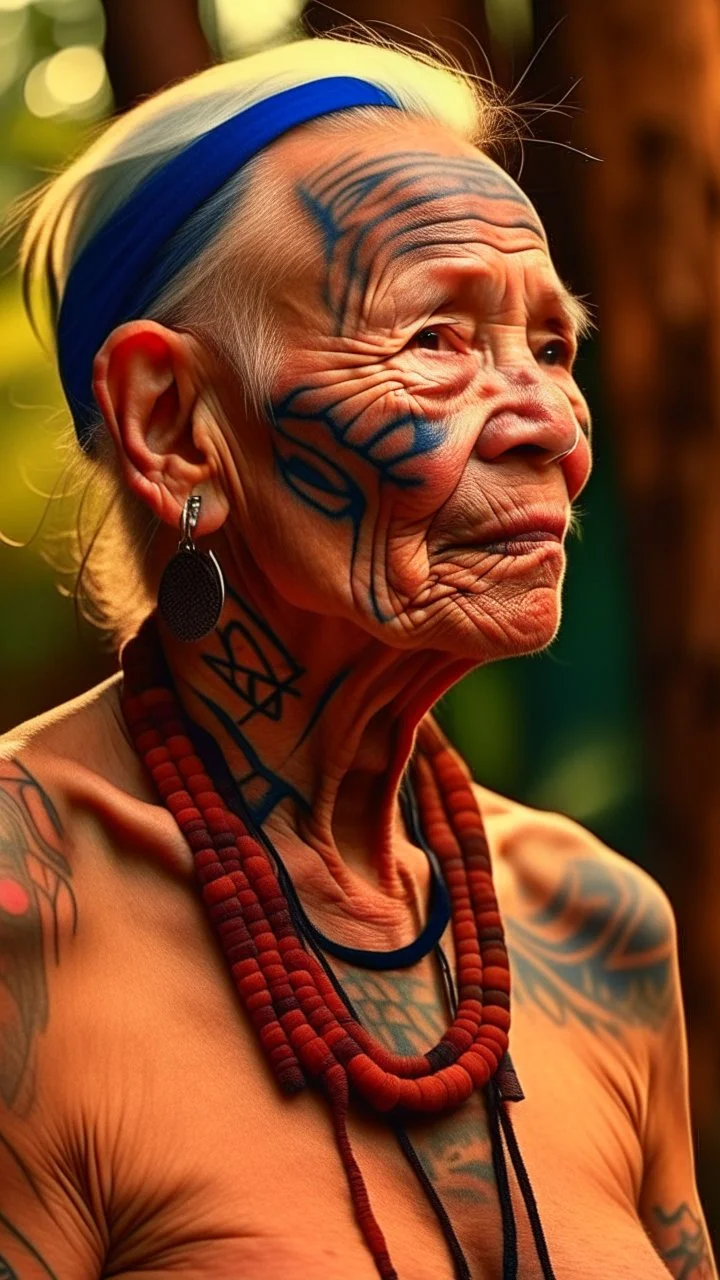 General , ultra HD shot of an old woman with Mayan features, tribal tattoos, textured copper skin, elongated skull, tribal jewelry, large, Background of the figure in a jungle environment.