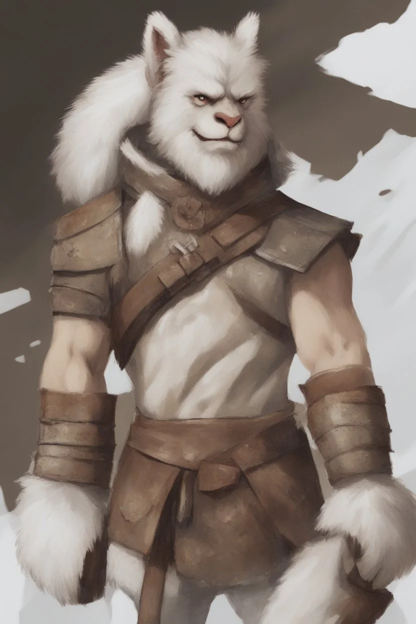 Dnd a young bugbear with WHITE fur and leather armor