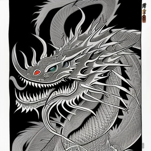 Ukiyo-e styled art, black and white dragon, full picture