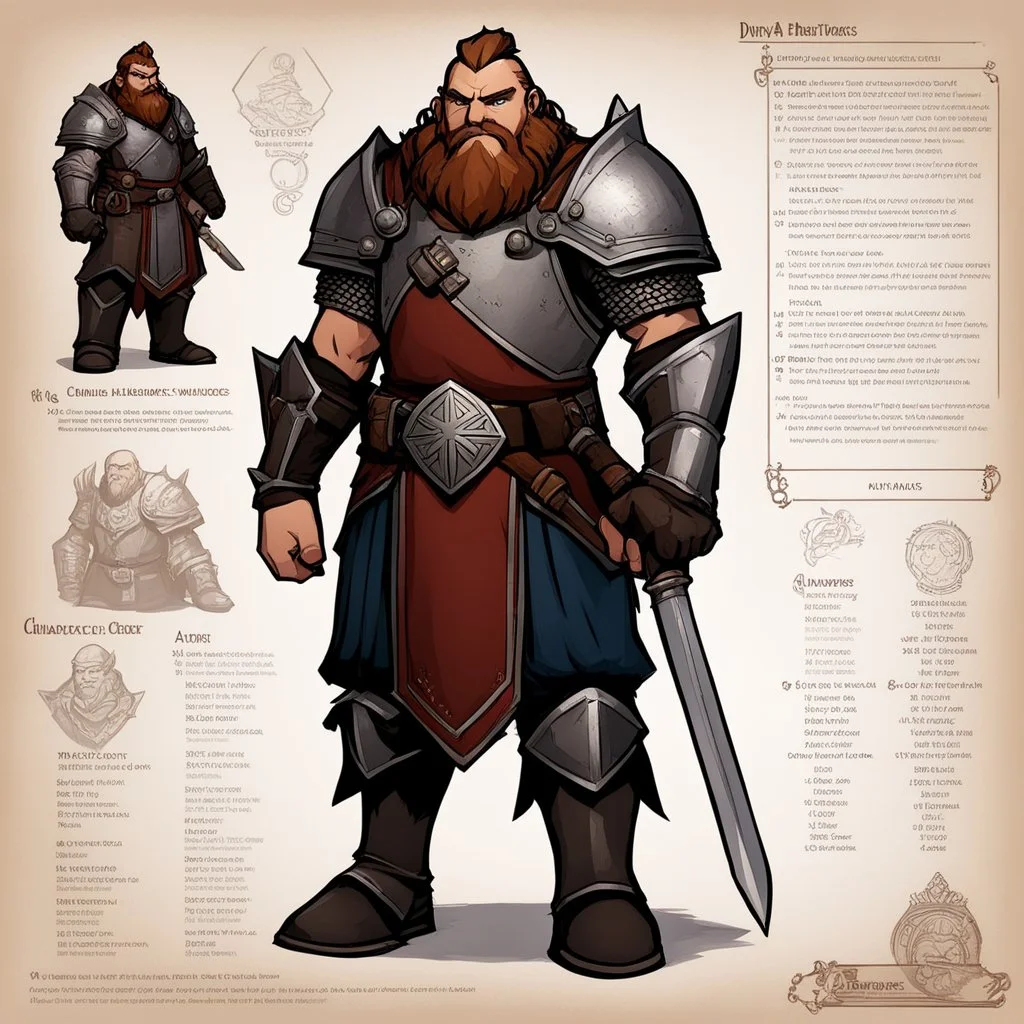 character concept sheet with AD&D statistics and characteristics, [wii No More Heroes style with thick lines] a dwarf cleric in heavy armour and his mace