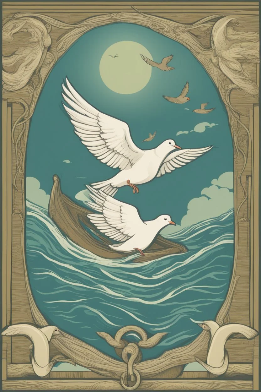 The flood, the Ark floats in the open sea, a dove flies in the sky with an olive branch in its beak