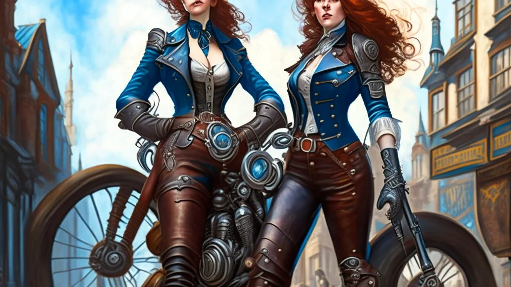 full-height portrait of a woman with straight shoulder-length auburn hair, with metal arms and legs, dressed in leather trousers, and a waistcoat, in a Victorian street next to a steampunk motorbike, blue sky