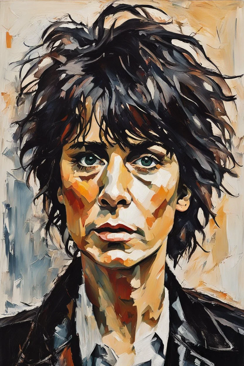 palette knife portrait of Chrissie Hynde in black leather, in the Expressionist style of Egon Schiele, Oskar Kokoschka, and Franz Marc, highly detailed hair and facial features, in muted natural colors with fine detail outlining and shading