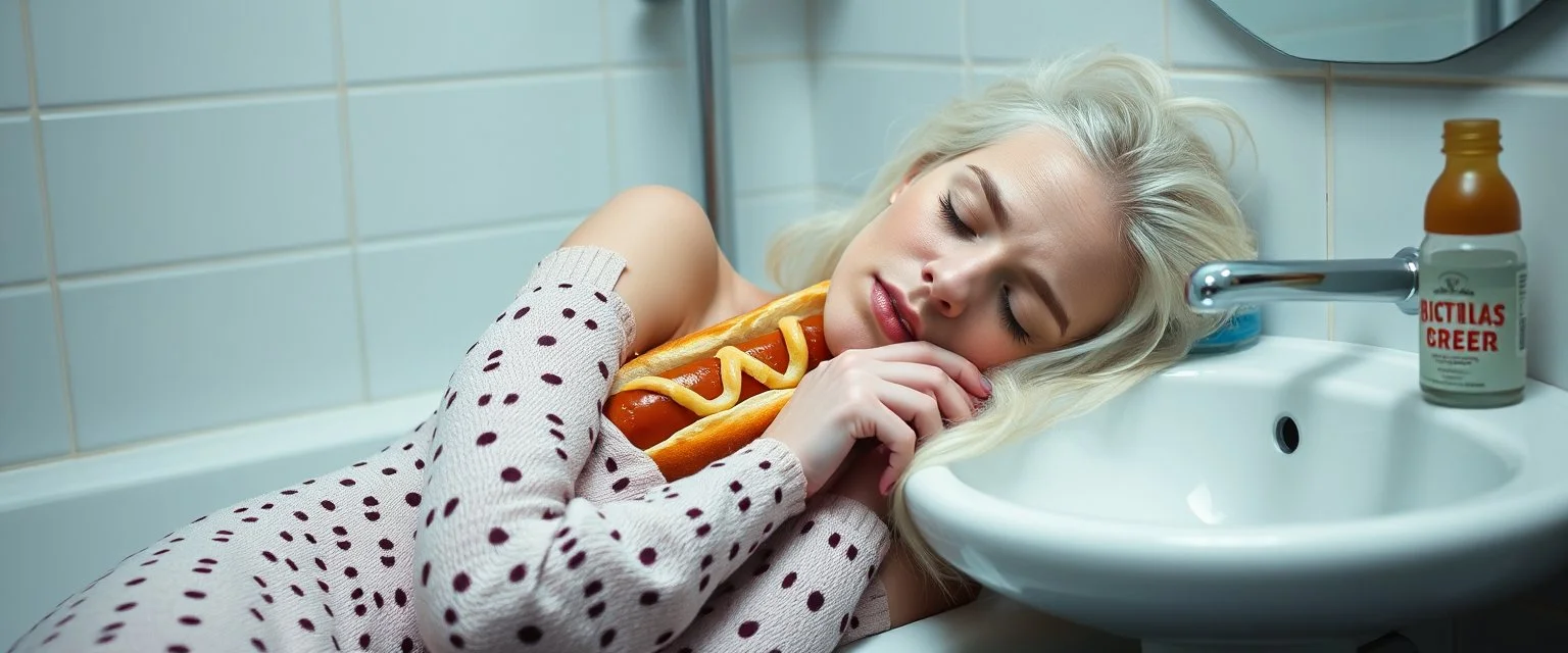 drunk albino woman with a hot dog in bread sleeping over in bathroom